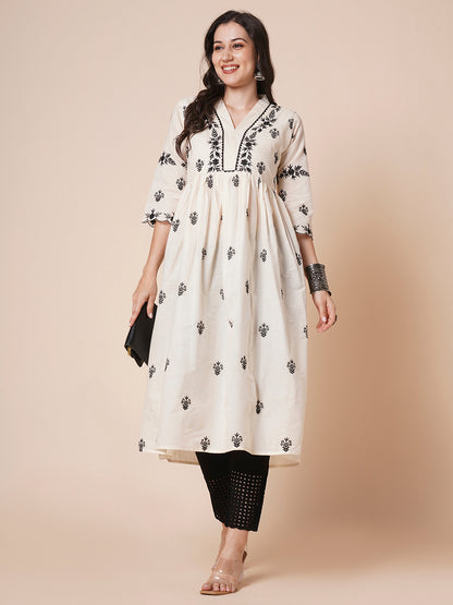 RATAN Women's Cotton Flared Lucknowi Chikankari Ethinic Wear Kurta