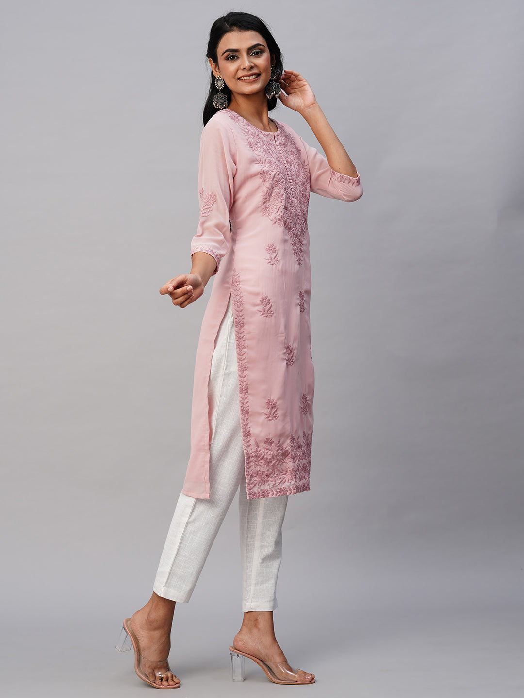 RATAN Women's Georgette Straight Lucknowi Chikankari Ethnic Wear Kurta
