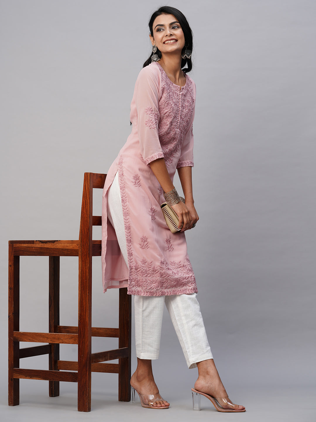 RATAN Women's Georgette Straight Lucknowi Chikankari Ethnic Wear Kurta