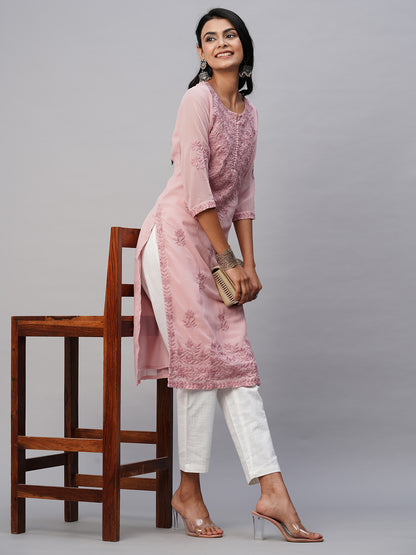 RATAN Women's Georgette Straight Lucknowi Chikankari Ethnic Wear Kurta