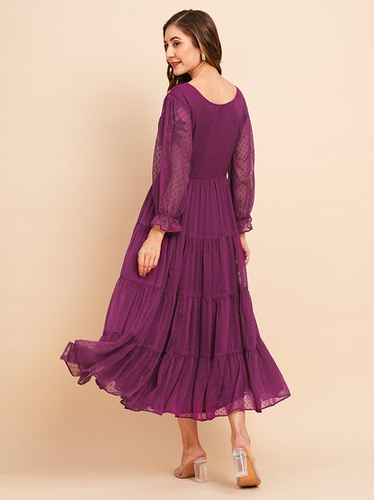 RATAN Women's Floral Embroidered Puff Sleeve Chiffon Flared Tiered Kurta Gown Maxi Dress