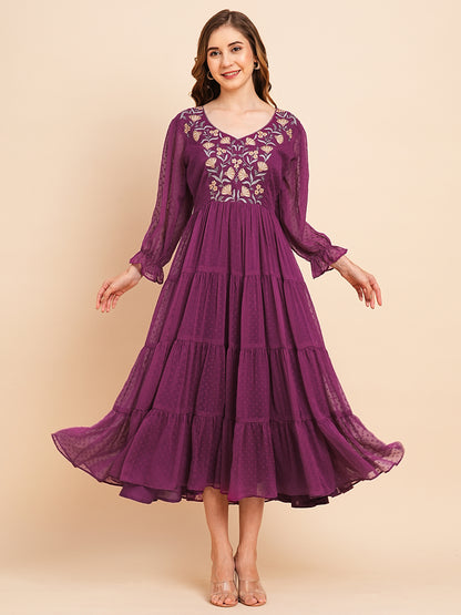 RATAN Women's Floral Embroidered Puff Sleeve Chiffon Flared Tiered Kurta Gown Maxi Dress