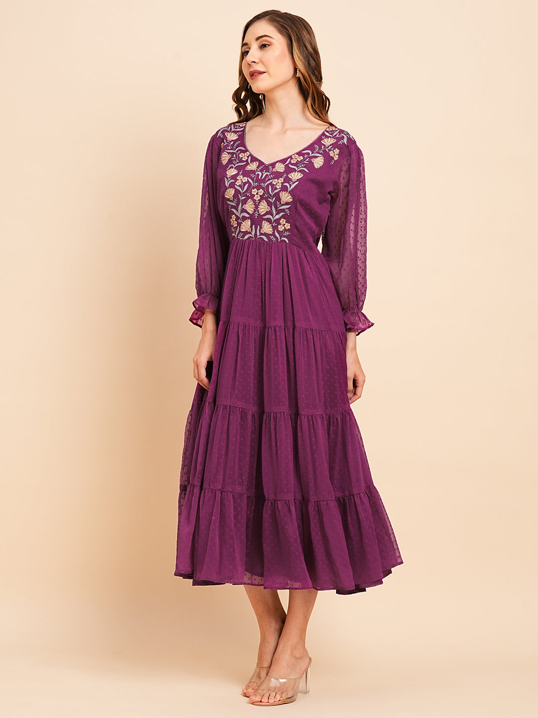 RATAN Women's Floral Embroidered Puff Sleeve Chiffon Flared Tiered Kurta Gown Maxi Dress