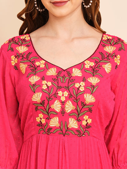 RATAN Women's Floral Embroidered Puff Sleeve Chiffon Flared Tiered Kurta Gown Maxi Dress