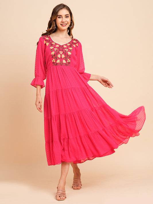 RATAN Women's Floral Embroidered Puff Sleeve Chiffon Flared Tiered Kurta Gown Maxi Dress