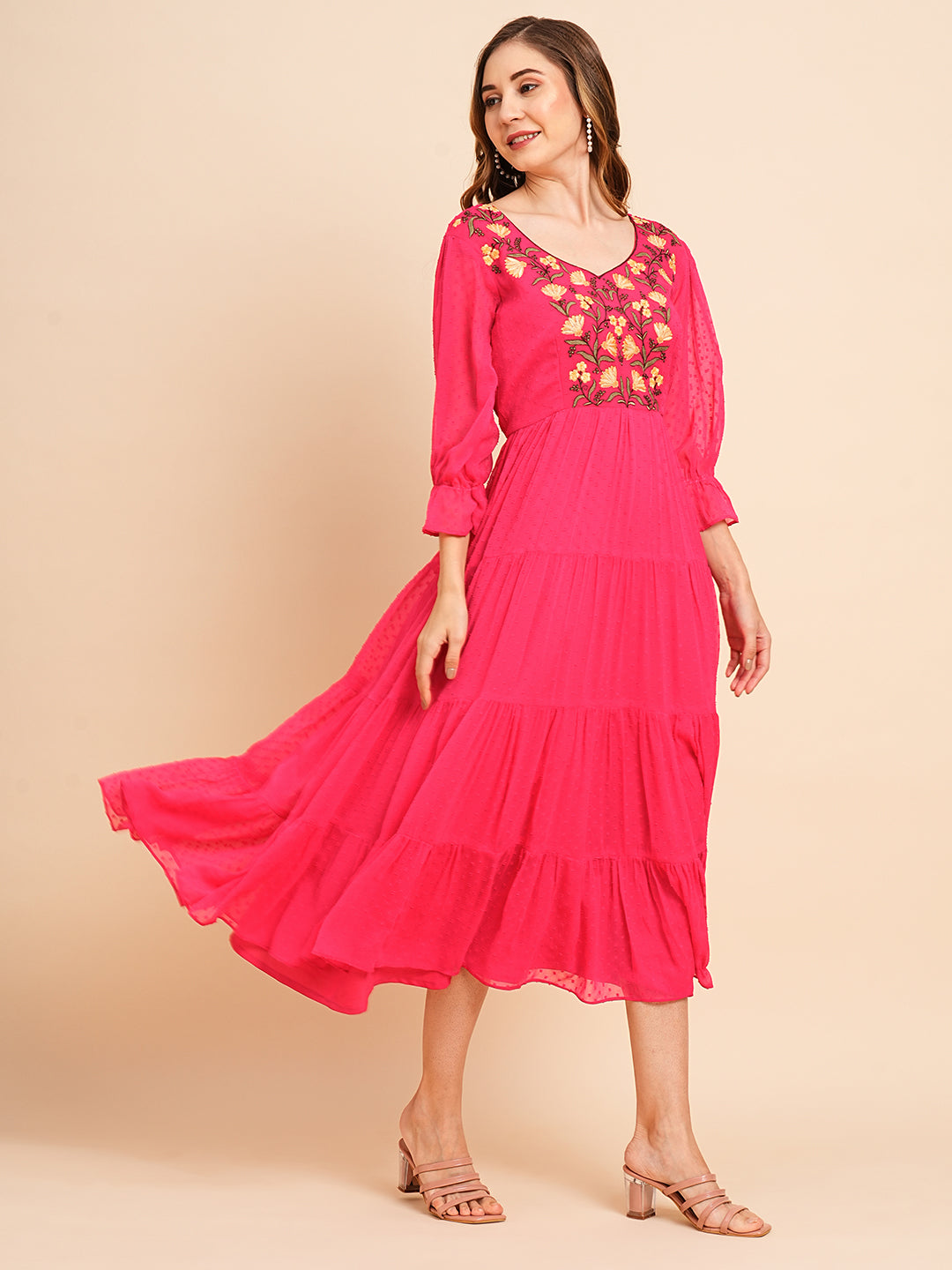 RATAN Women's Floral Embroidered Puff Sleeve Chiffon Flared Tiered Kurta Gown Maxi Dress