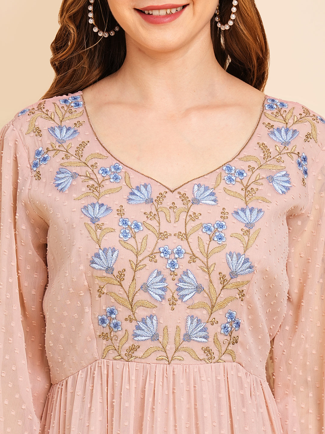 RATAN Women's Floral Embroidered Puff Sleeve Chiffon Flared Tiered Kurta Gown Maxi Dress