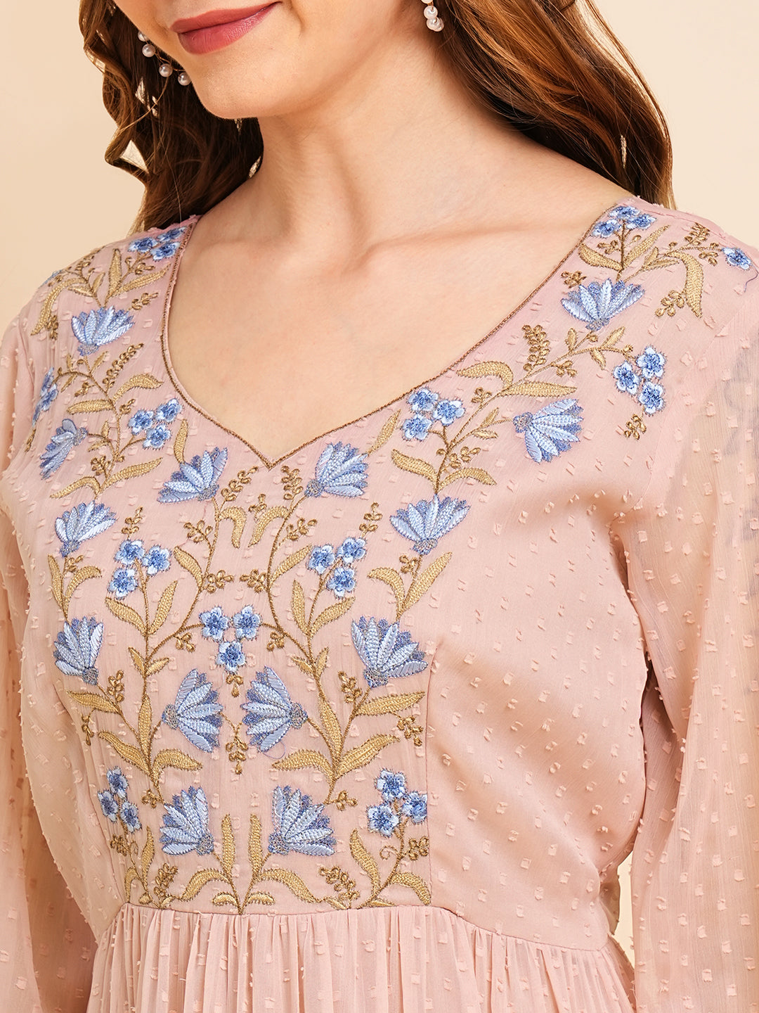 RATAN Women's Floral Embroidered Puff Sleeve Chiffon Flared Tiered Kurta Gown Maxi Dress