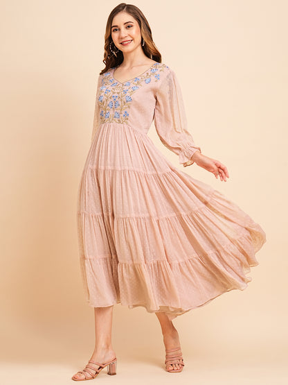 RATAN Women's Floral Embroidered Puff Sleeve Chiffon Flared Tiered Kurta Gown Maxi Dress