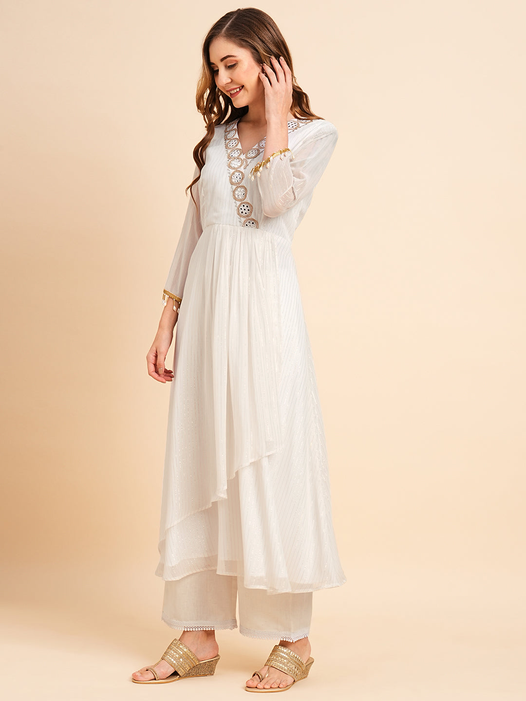RATAN Women's Georgette Lurex Layered Ethnic Wear Kurta