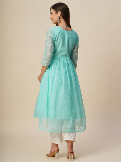 Cotton Flared Lucknowi Chikankari Ethnic Wear Kurta