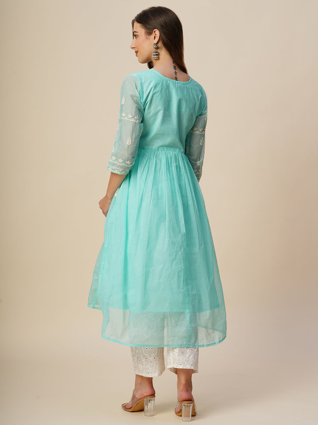 RATAN Women's Muga Cotton Flared Lucknowi Chikankari Ethnic Wear Kurta