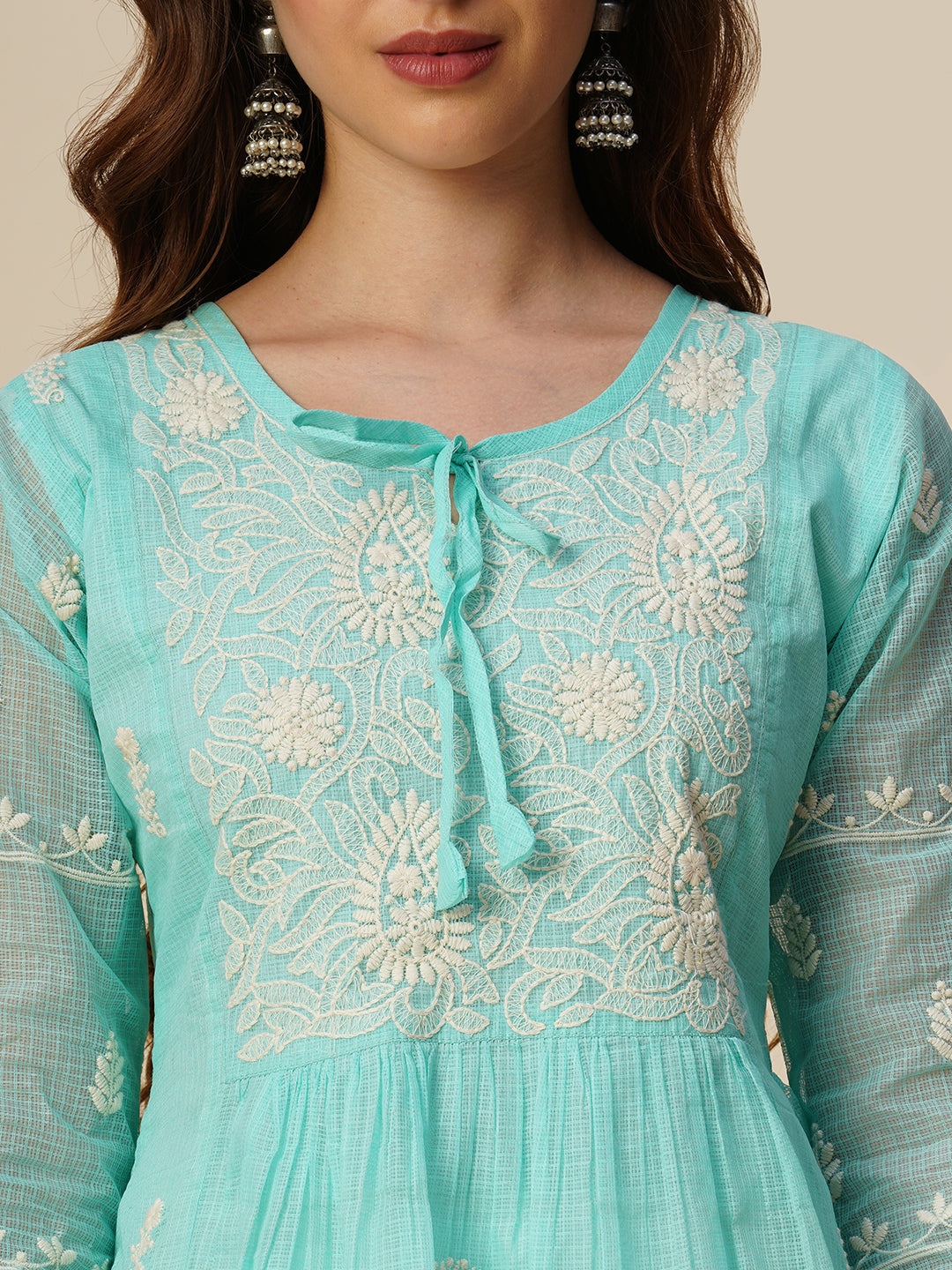 RATAN Women's Muga Cotton Flared Lucknowi Chikankari Ethnic Wear Kurta