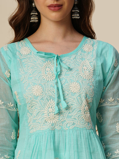 RATAN Women's Muga Cotton Flared Lucknowi Chikankari Ethnic Wear Kurta