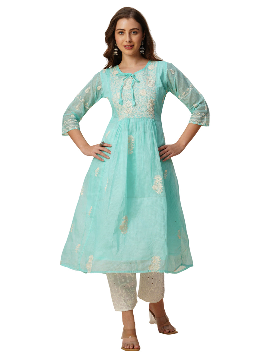 RATAN Women's Muga Cotton Flared Lucknowi Chikankari Ethnic Wear Kurta