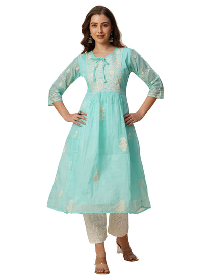 RATAN Women's Muga Cotton Flared Lucknowi Chikankari Ethnic Wear Kurta