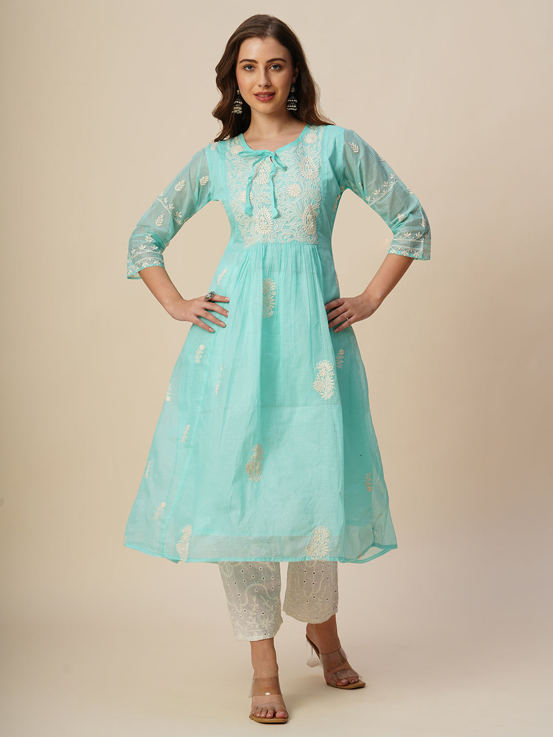 RATAN Women's Muga Cotton Flared Lucknowi Chikankari Ethnic Wear Kurta