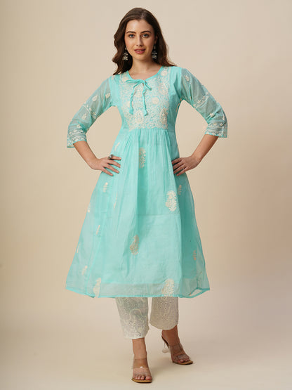 RATAN Women's Muga Cotton Flared Lucknowi Chikankari Ethnic Wear Kurta