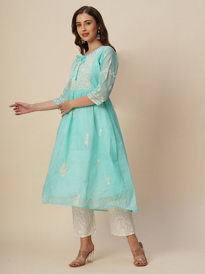 RATAN Women's Muga Cotton Flared Lucknowi Chikankari Ethnic Wear Kurta