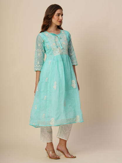 RATAN Women's Muga Cotton Flared Lucknowi Chikankari Ethnic Wear Kurta