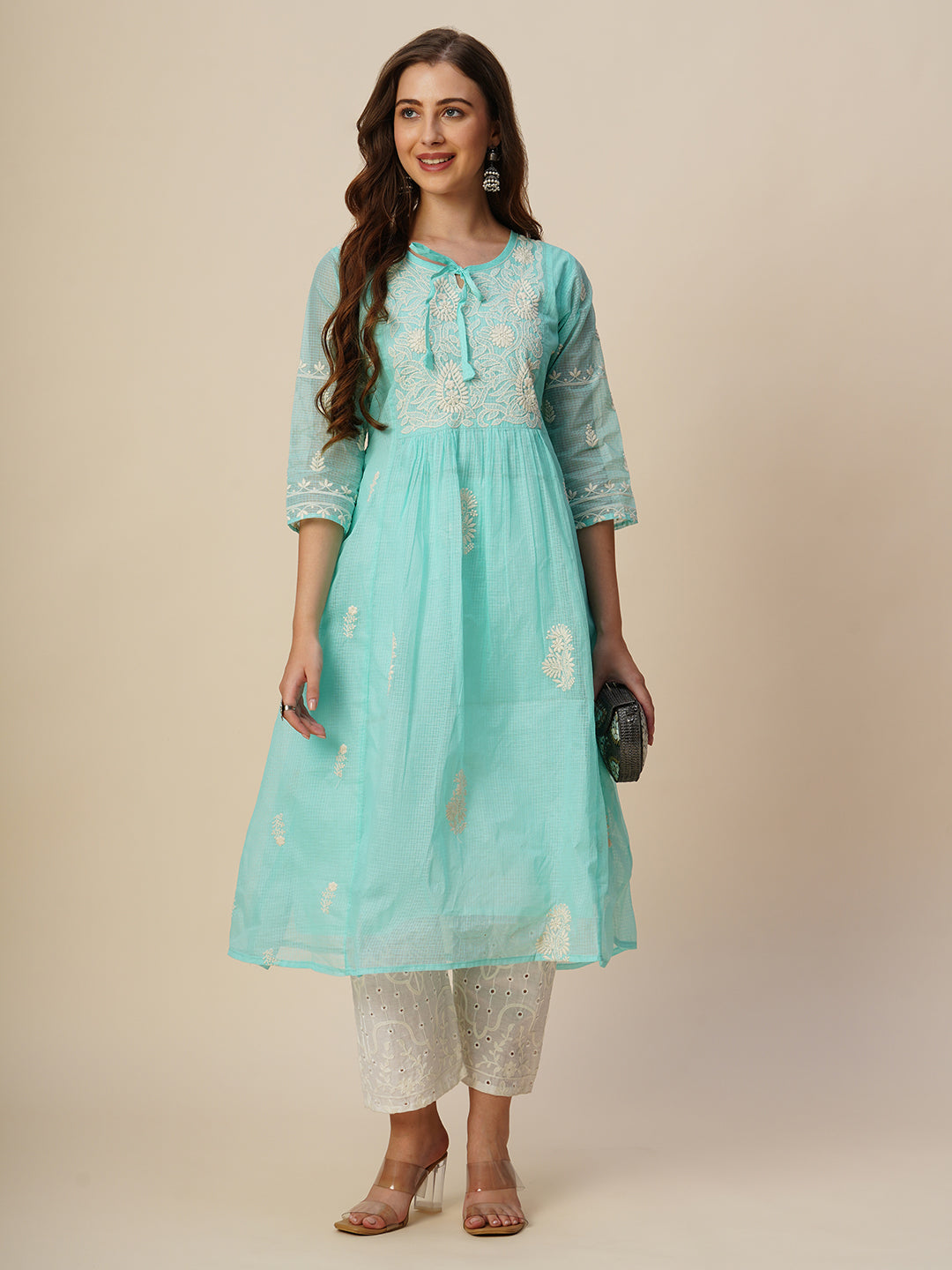 RATAN Women's Muga Cotton Flared Lucknowi Chikankari Ethnic Wear Kurta