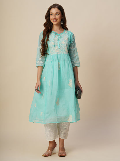 RATAN Women's Muga Cotton Flared Lucknowi Chikankari Ethnic Wear Kurta