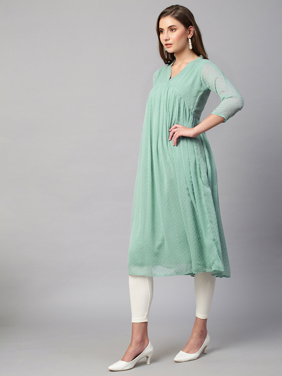 RATAN Women's Chiffon Self Design Flared Kurta