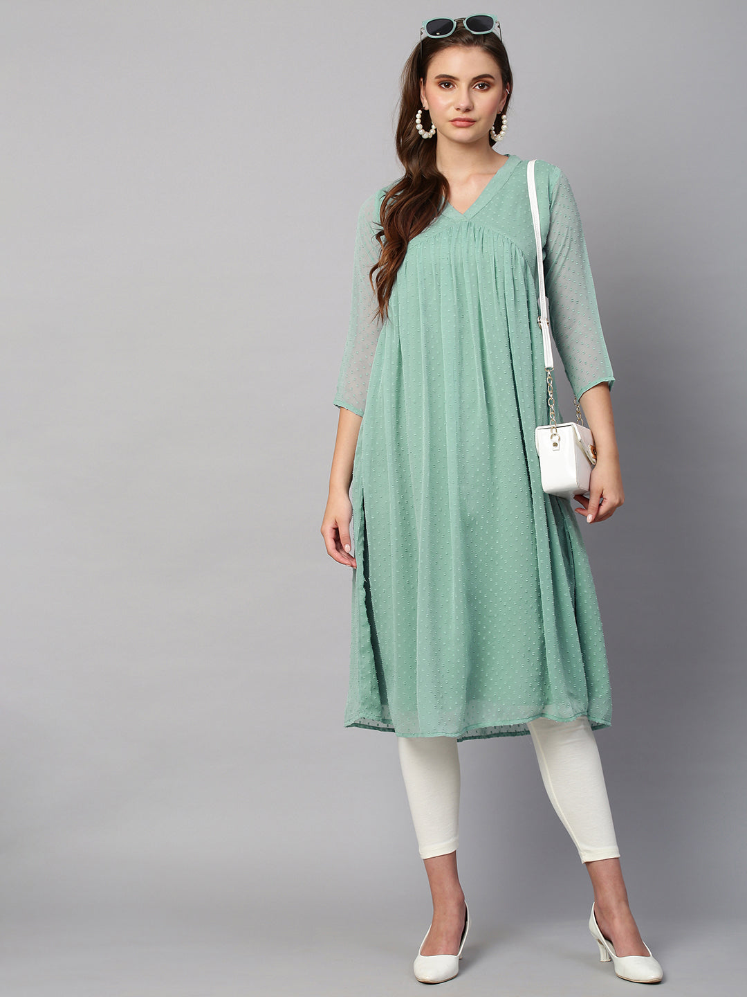 RATAN Women's Chiffon Self Design Flared Kurta