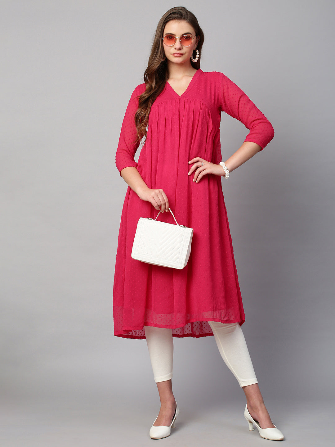 RATAN Women's Chiffon Self Design Flared Kurta