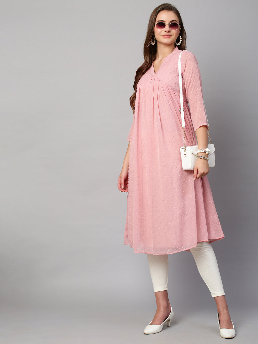 RATAN Women's Chiffon Self Design Flared Kurta