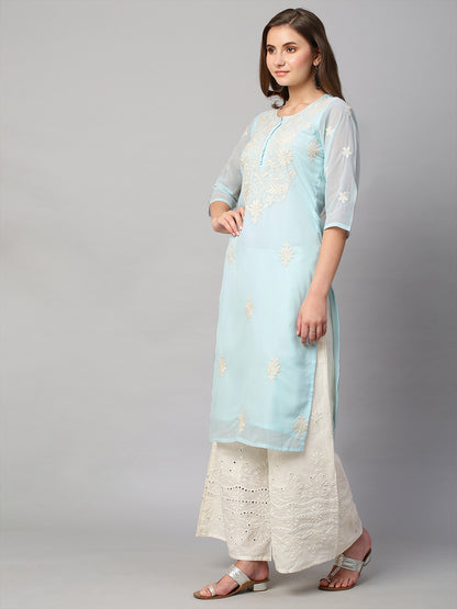 RATAN Women's Georgette Straight Lucknowi Chikankari Ethinic Wear Kurta