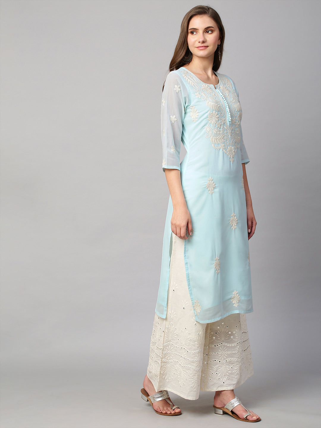 RATAN Women's Georgette Straight Lucknowi Chikankari Ethinic Wear Kurta