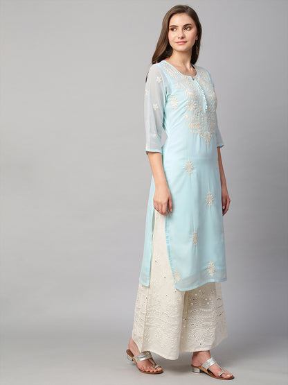 RATAN Women's Georgette Straight Lucknowi Chikankari Ethinic Wear Kurta