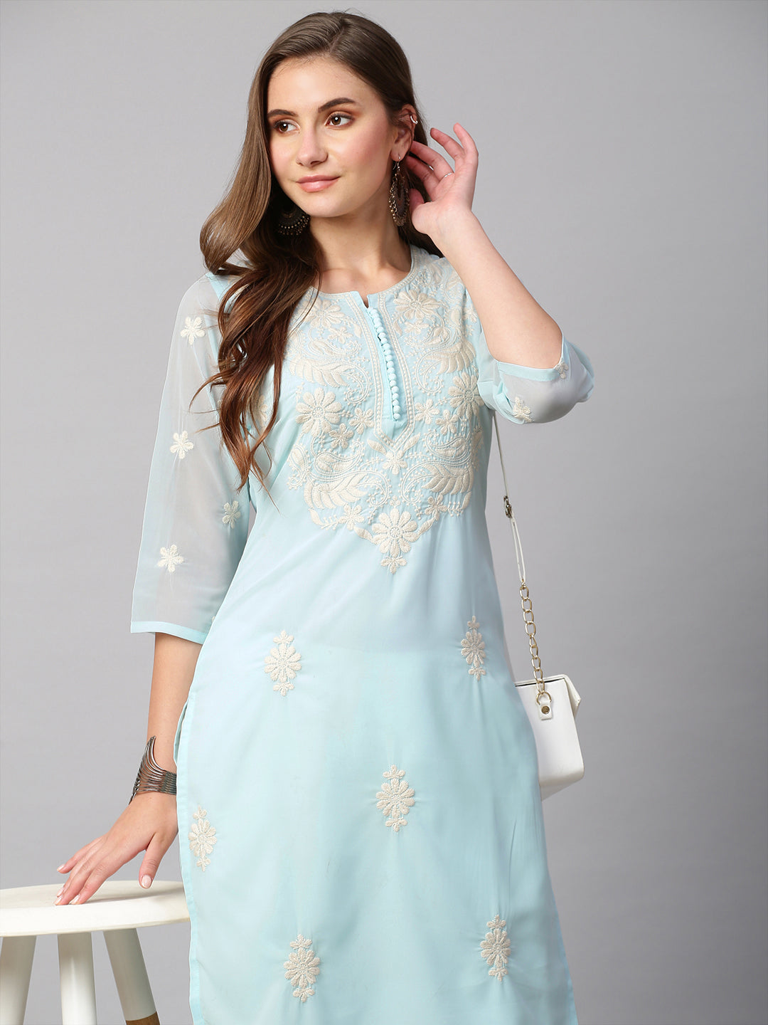 Women's Georgette Straight Lucknowi Chikankari Ethinic Wear Kurta