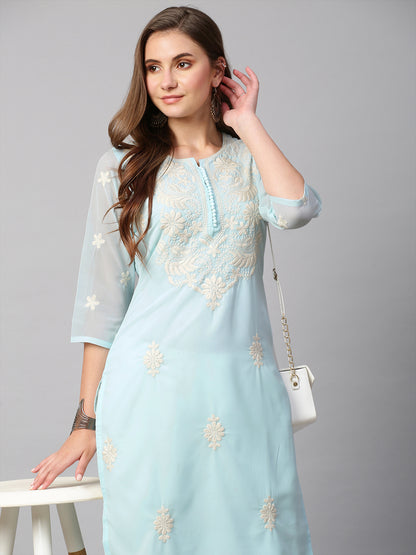 RATAN Women's Georgette Straight Lucknowi Chikankari Ethinic Wear Kurta