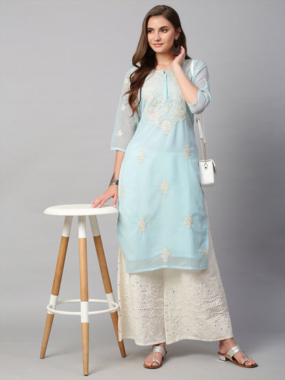 Women's Georgette Straight Lucknowi Chikankari Ethinic Wear Kurta