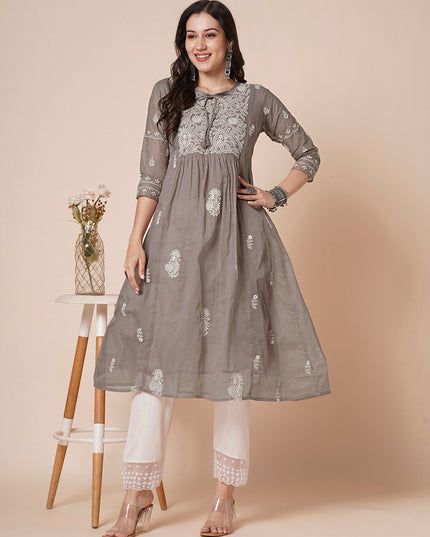 Cotton Flared Lucknowi Chikankari Ethnic Wear Kurta