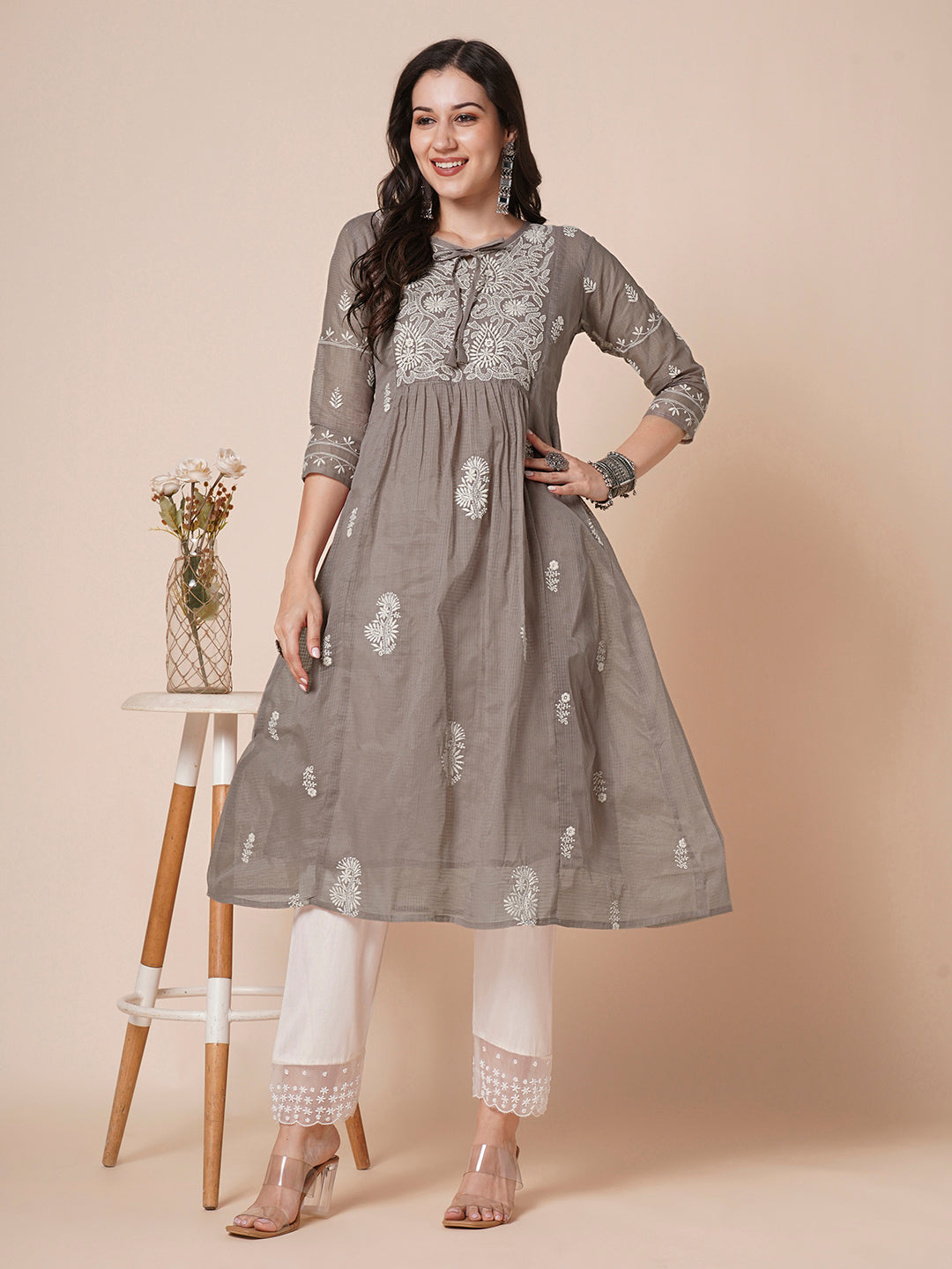 RATAN Women's Muga Cotton Flared Lucknowi Chikankari Ethnic Wear Kurta