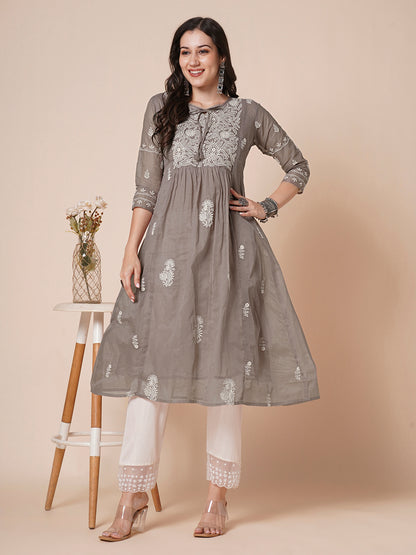 RATAN Women's Muga Cotton Flared Lucknowi Chikankari Ethnic Wear Kurta