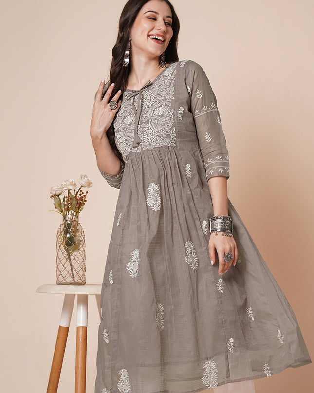 Cotton Flared Lucknowi Chikankari Ethnic Wear Kurta