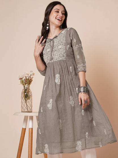 RATAN Women's Muga Cotton Flared Lucknowi Chikankari Ethnic Wear Kurta