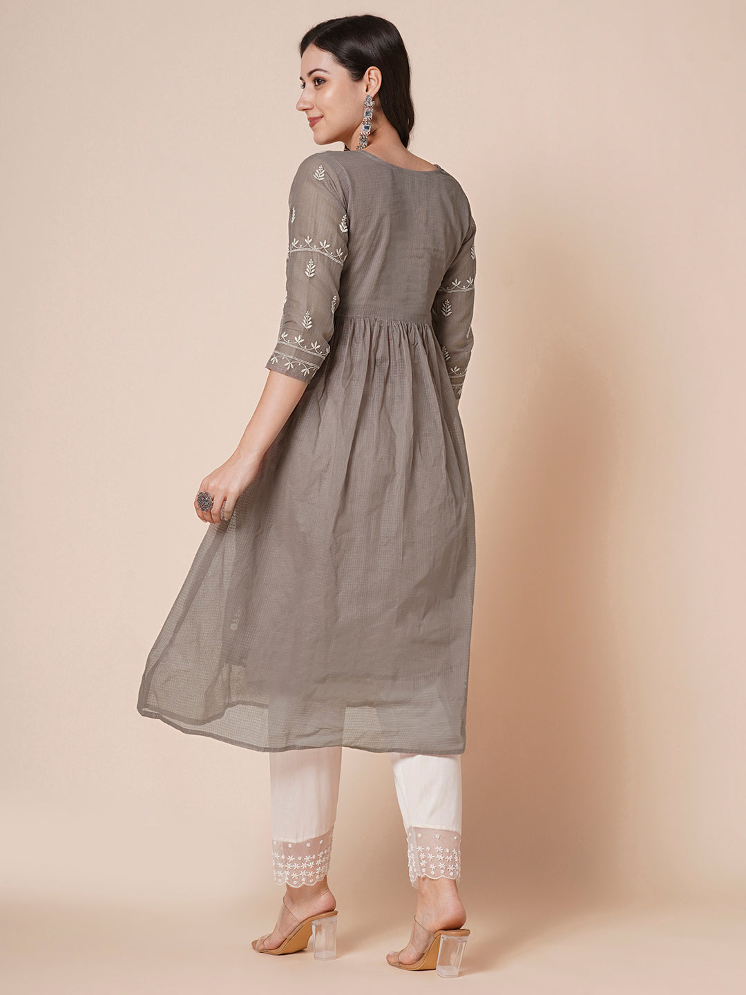 RATAN Women's Muga Cotton Flared Lucknowi Chikankari Ethnic Wear Kurta