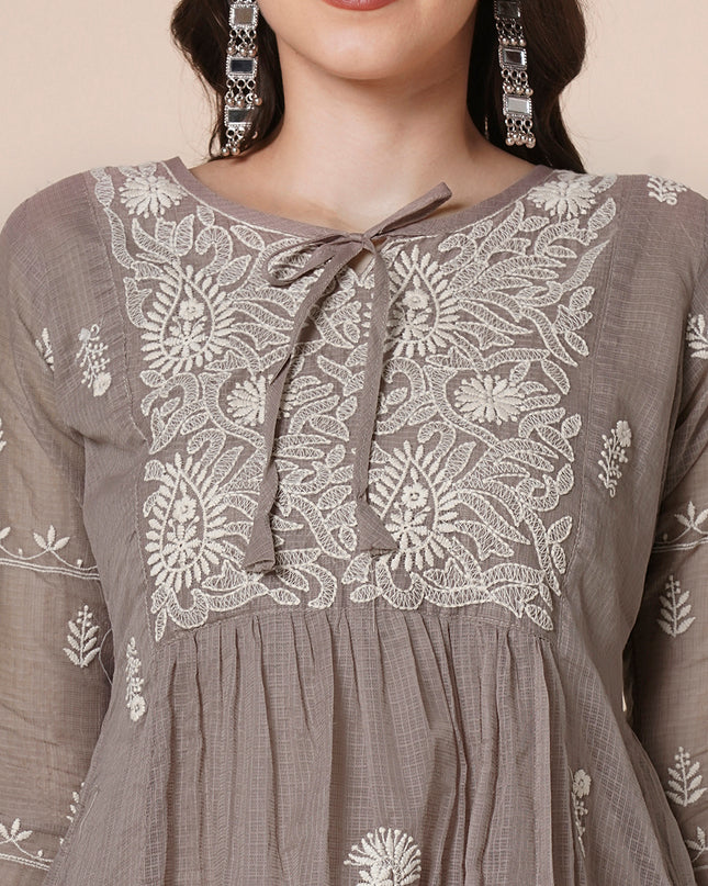 Cotton Flared Lucknowi Chikankari Ethnic Wear Kurta