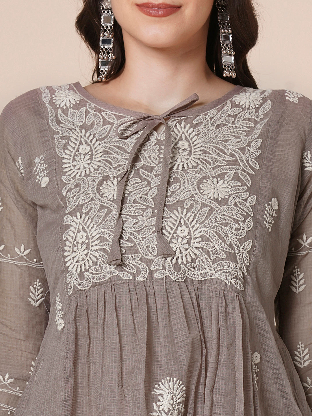 RATAN Women's Muga Cotton Flared Lucknowi Chikankari Ethnic Wear Kurta