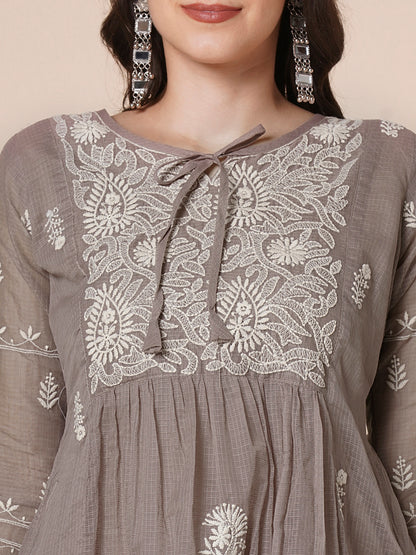 RATAN Women's Muga Cotton Flared Lucknowi Chikankari Ethnic Wear Kurta