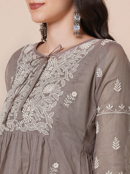 RATAN Women's Muga Cotton Flared Lucknowi Chikankari Ethnic Wear Kurta
