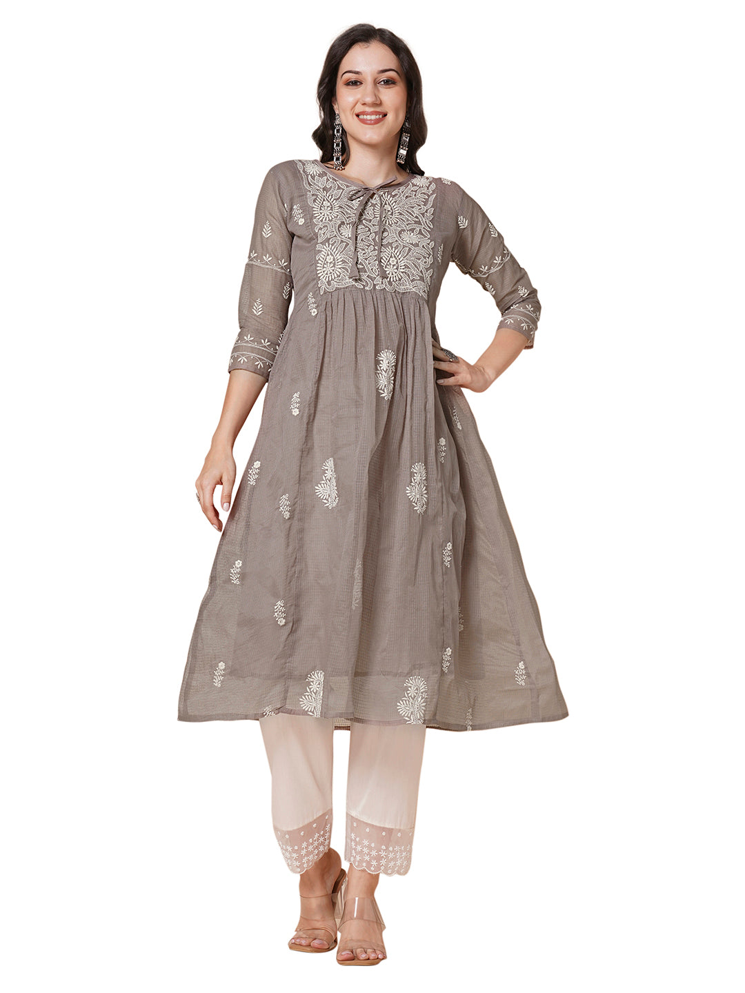 RATAN Women's Muga Cotton Flared Lucknowi Chikankari Ethnic Wear Kurta