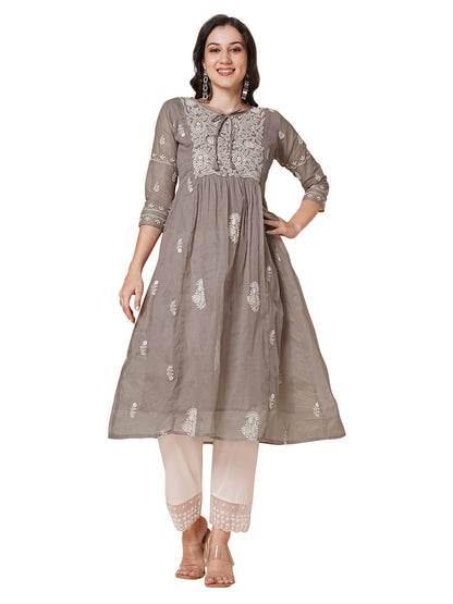 RATAN Women's Muga Cotton Flared Lucknowi Chikankari Ethnic Wear Kurta