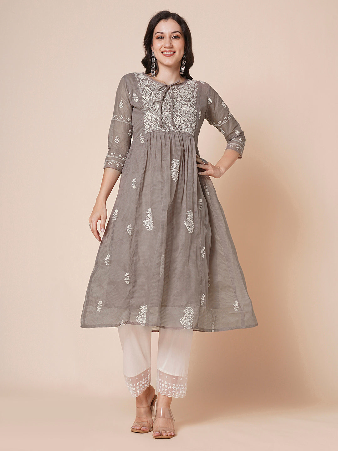 RATAN Women's Muga Cotton Flared Lucknowi Chikankari Ethnic Wear Kurta