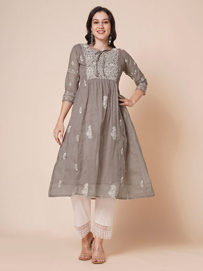 RATAN Women's Muga Cotton Flared Lucknowi Chikankari Ethnic Wear Kurta